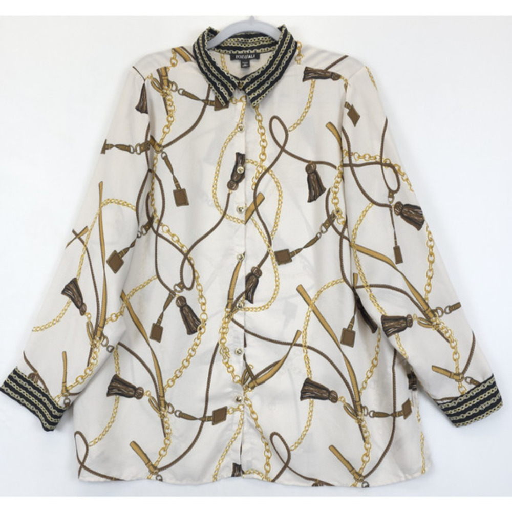 Roz & Ali Blouse Chain Print Button Front Women 2X Beige Gold Equestriancore‎
